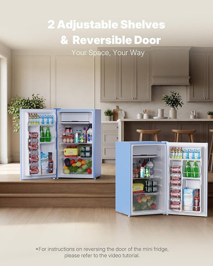 Upstreman 3.2 Cu.Ft Mini Fridge with Freezer, Blue-BR321 | Adjustable Thermostat, Energy Saving, Low Noise, Reversible Door, Small Refrigerator for Dorm, Bedroom, Office