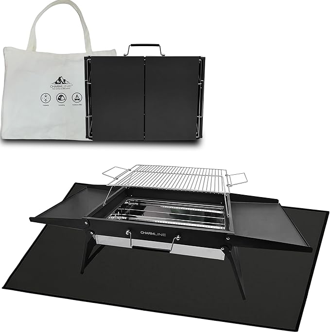 Charmline 20x14inch Big Foldable Portable Charcoal Grill, Charcoal Grills for Camping, Picnics, Gardens and Beach Parties, Black, With 44x24in Fireproof Mat