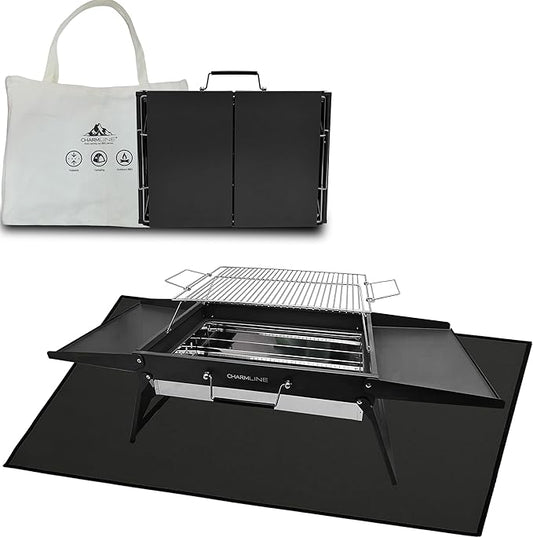 Charmline 20x14inch Big Foldable Portable Charcoal Grill, Charcoal Grills for Camping, Picnics, Gardens and Beach Parties, Black, With 44x24in Fireproof Mat
