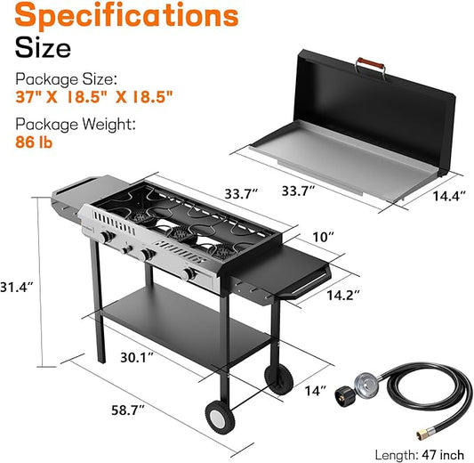 Veralune 3 Burner Propane Stove with Auto Ignition, 225,000 BTU Gas Griddle with Storage Shelf, Rolling Wheels, Portable Outdoor Cooking Stove for Patio Home Cooking and Frying