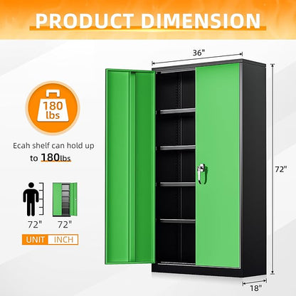 INTERGREAT Metal Storage Cabinet with Doors, 72" Locking Steel Storage Cabinet with Shelves, Tall Metal Cabinet Lockable Steel Cabinets for Home Office, Garage,(Black+Green)