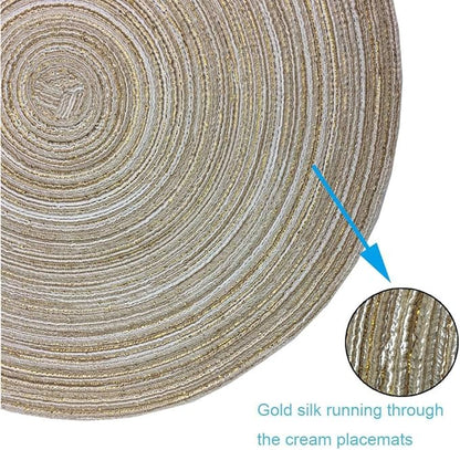 Red-A, Placemats, Round Placemats for Dining Table Set of 8 Woven Heat Resistant Non-Slip Kitchen Table Mats Diameter 14 Inch(Cream with Golden Silk)