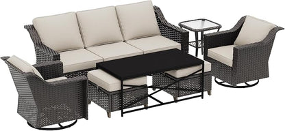 7 Pieces Outdoor Conversation Furniture Set - 77" Patio Sofa, 2 Swivel Rocker Chairs, 2 Ottomans, 1 Side Table, 1 Metal Table, Wicker Couch with Washable Cushions for Balcony (Beige)