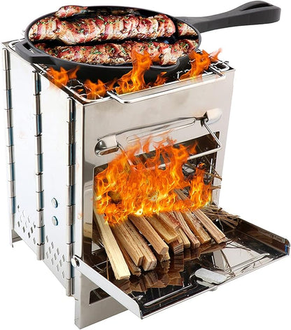 Stainless steel folding grill, portable square BBQ grill, integrated outdoor mini charcoal stove, wood stove, for backpacking and outdoor cooking (4 sizes) (7.9x7.9x10.6)