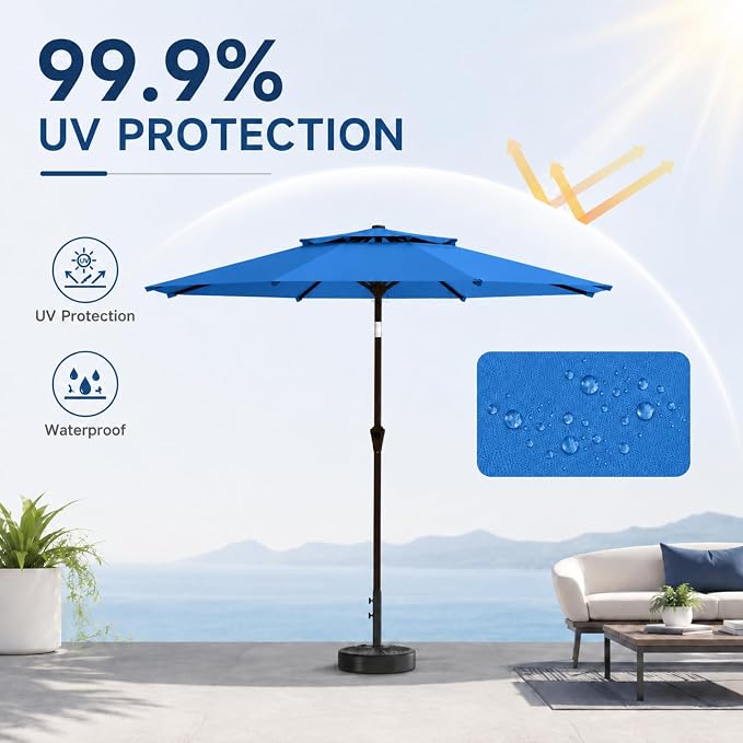 10FT Patio Umbrella, 2 Tier Outdoor Table Umbrella, Large Vented Market Umbrellas with Push Button Tilt and Crank, 8 Sturdy Ribs for Backyard, Deck, Pool, UPF50+ UV Protection