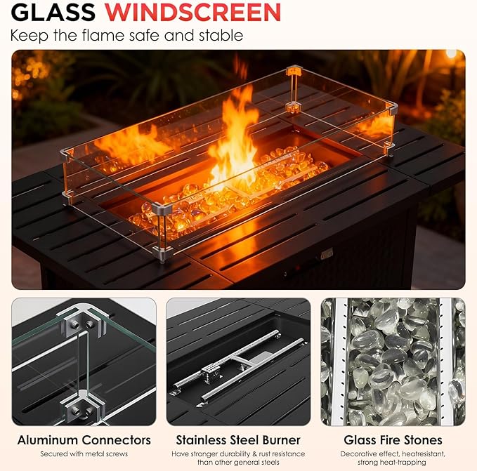 FDW 43 Inch Outdoor Propane Fire Pit Table with Glass Wind Guard, Rectangular Patio Fire Table, 50,000 BTU Smokeless Gas Firepit for Backyard, Garden & Poolside