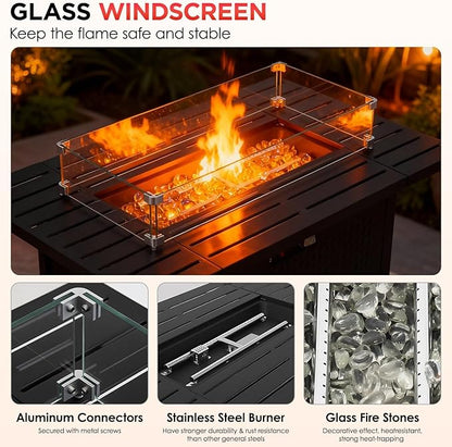 FDW 43 Inch Outdoor Propane Fire Pit Table with Glass Wind Guard, Rectangular Patio Fire Table, 50,000 BTU Smokeless Gas Firepit for Backyard, Garden & Poolside