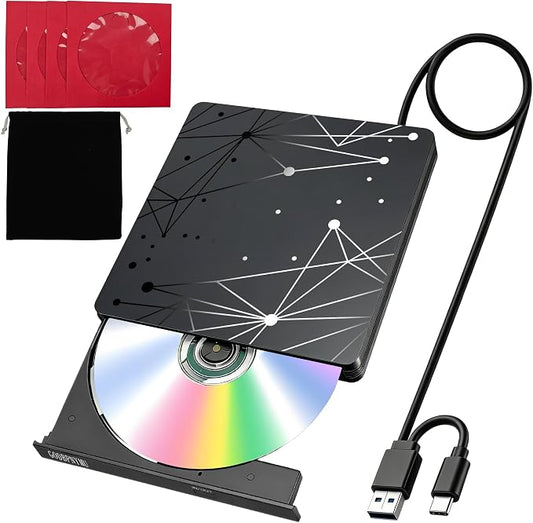 External CD/DVD Drive for Laptop, Ultra-Thin USB Disk Drive, DVD Player for Laptop, USB 3.0 CD Burner USB-C CD-ROM Reader for Windows 11/10/8/7 XP Linux MacOS with 1+4 Storage Bag