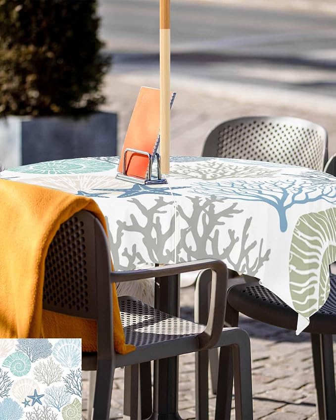 Coastal Outdoor Tablecloth - 54x54 Inch Square Dining Table Cover, Blue Teal Coral Summer Beach Ocean Starfish Waterproof Outdoor Table Cloth with Umbrella Hole & Zipper for Picnic/Patio/Party