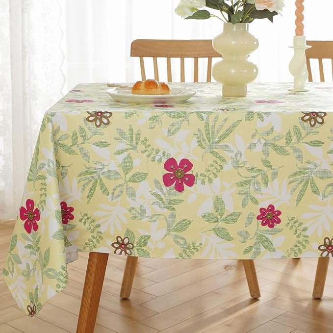 Summer Vinyl Tablecloth with Flannel Backing Rectangle 52 x 70 Inch | Waterproof Eucalyptus Leaves Spring Table Cloth, PVC Plastic Table Cover for Dining, Party, Picnic, Outdoor