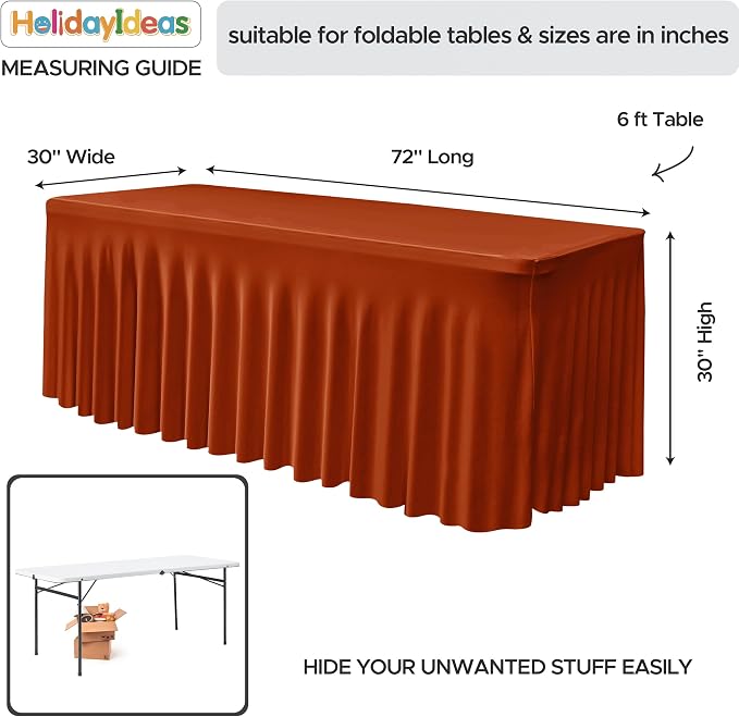 HolidayIdeas 4 Pack Rust Spandex Table Skirts 6ft Fall Tablecloths Ruffle | Stretchy Table Covers, Thanksgiving Decorations, Wrinkle Resistant Table Cloths For 30x72, Rectangle Tables for Autumn Event