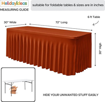 HolidayIdeas 4 Pack Rust Spandex Table Skirts 6ft Fall Tablecloths Ruffle | Stretchy Table Covers, Thanksgiving Decorations, Wrinkle Resistant Table Cloths For 30x72, Rectangle Tables for Autumn Event