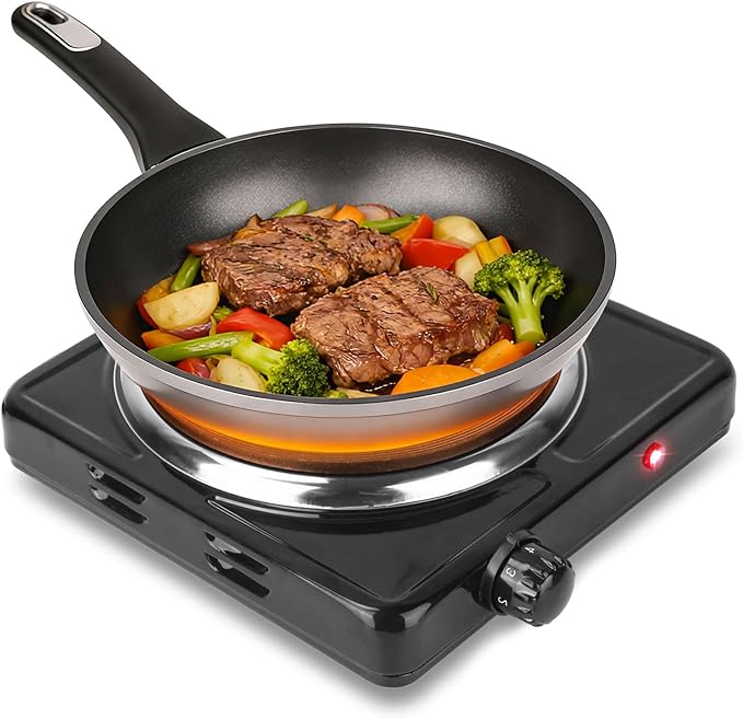 Portable Hot Plate, 1500W Cast Iron Single Countertop Burner, Electric Stove with 5 Levels Adjustable Temperature, Cooktop for Home RV Camping, Easy to Clean, Black
