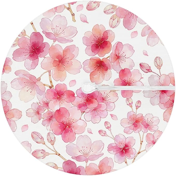 Cherry Blossoming Outdoor Round Fitted Tablecloth with Umbrella Hole and Zipper, 45"-56" Elastic Patio Table Cloth Oil-Proof Waterproof Patio Table Cover for Picnic Party Camping