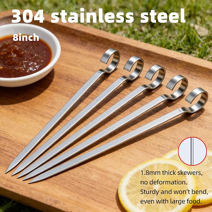 30PCS Kabob Skewers Flat Metal BBQ Barbecue Skewer 7" short Stainless Steel Shish Kebob Sticks Wide Reusable Grilling Skewers Set for Meat Shrimp Vegetable, Set of 30 with box (8inch 30PCS)