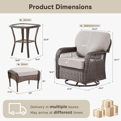 Belord Patio Wicker Swivel Rocker Patio Chairs with 3-Seater Sofa, Outdoor Rattan Chairs for Deck Porch Poolside, 10 Piece Patio Conversation Furniture Set,Beige