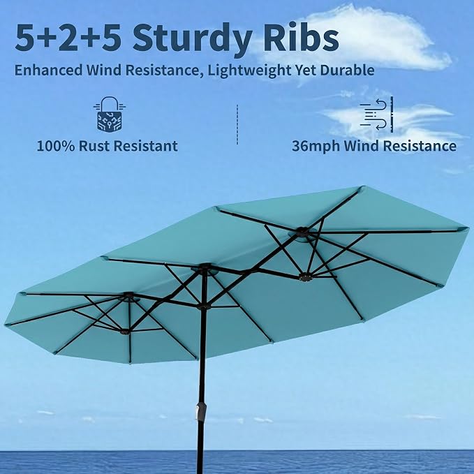 15FT Double Sided Patio Umbrella with Base Included Large Outdoor Market Umbrella with Crank Handle, UV Resistant Canopy, Sturdy Frame for Garden, Poolside, Deck, Sky Blue