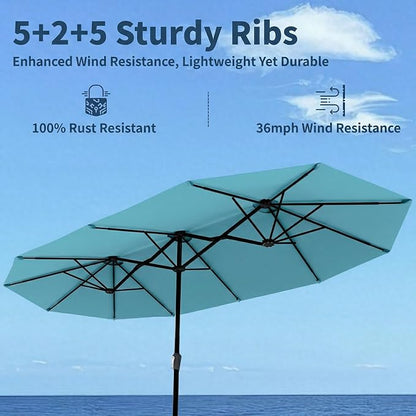 15FT Double Sided Patio Umbrella with Base Included Large Outdoor Market Umbrella with Crank Handle, UV Resistant Canopy, Sturdy Frame for Garden, Poolside, Deck, Sky Blue