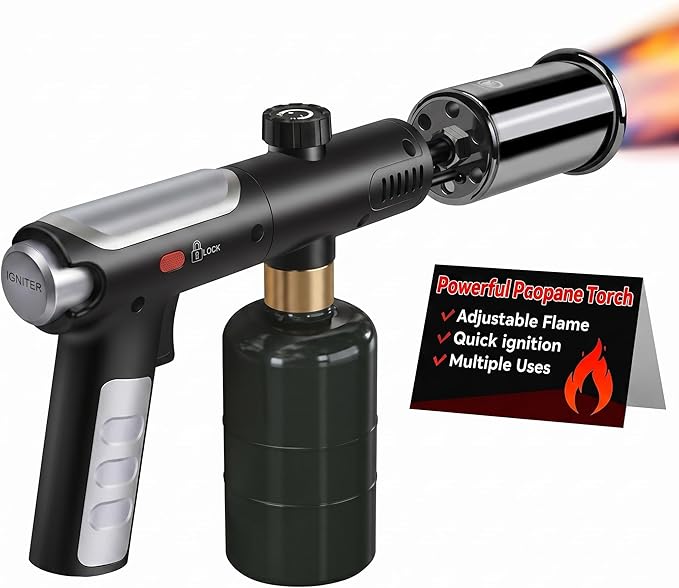 Powerful Propane Torch Gun, One-Touch Max Fire, Charcoal Torch Lighter with Adjustable Flame&Safety Lock, Kitchen Blow Torch for Cooking, BBQ, Searing Steak, Grill (Tank Not Included)