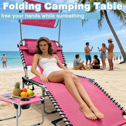 Outdoor Tanning Chair with Sun Canopy Shade & Face Hole, Folding Lounge Chair with Beach Table and Carry Bag for Poolside Sunbathing Lawn