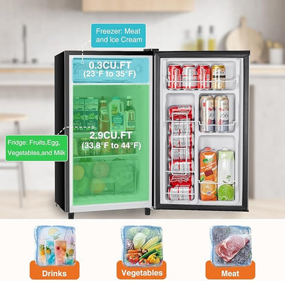 OLIXIS Mini Fridge with Freezer, 3.2 Cu.Ft Single Door Refrigerator with Adjustable Thermostat, Small Compact Refrigerator for Bedroom, Office, Dorm, Sliver