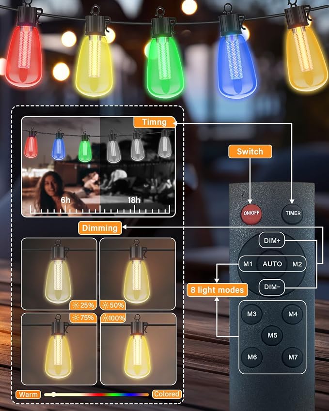 98FT Outdoor String Lights with Remote - Multicolor & Warm White, 8 Light Modes Timer Waterproof Patio Lights Plug In Dimmable String Lights Shatterproof for Outside Porch Backyard Party