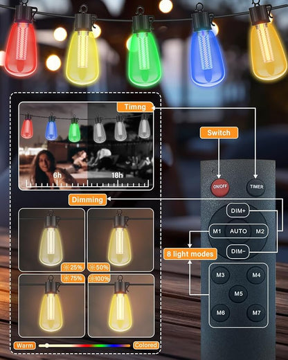 98FT Outdoor String Lights with Remote - Multicolor & Warm White, 8 Light Modes Timer Waterproof Patio Lights Plug In Dimmable String Lights Shatterproof for Outside Porch Backyard Party