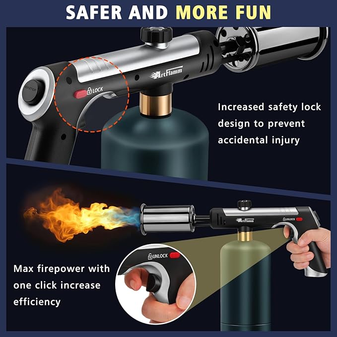 ARTFLAMM Powerful Propane Torch Gun, Flamethrower with Turbo Mode, Charcoal Torch Lighter with Safety Lock, Kitchen Blow Torch for Cooking, BBQ, Searing Steak, Grill(Tank Not Included)