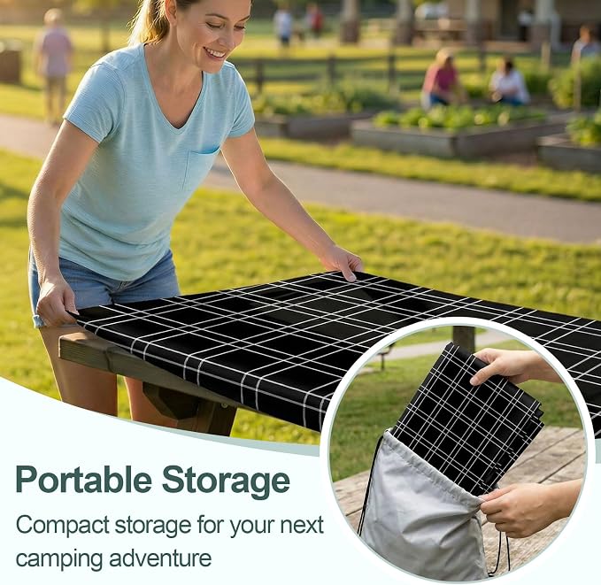 Picnic Table Cover with Bench Covers Camping Essentials Waterproof Windproof Camping Tablecloth with Drawstring Bag, Fitted Rectangle Tables and Seats, 72in, Black Checkered