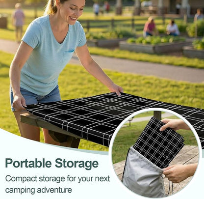 Picnic Table Cover with Bench Covers Camping Essentials Waterproof Windproof Camping Tablecloth with Drawstring Bag, Fitted Rectangle Tables and Seats, 72in, Black Checkered
