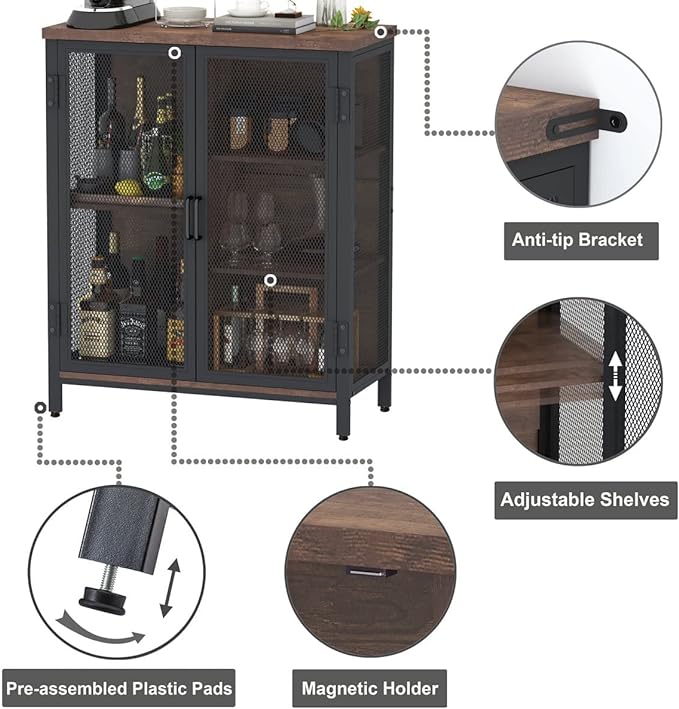 Coffee Bar Cabinet, Small Liquor Cabinet Station, Rustic Oak | Industrail Storage Cabinet, Adjustable Shelves, Farmhouse Sideboard Buffet for Home Kitchen, Dining, Entryway, Living Room
