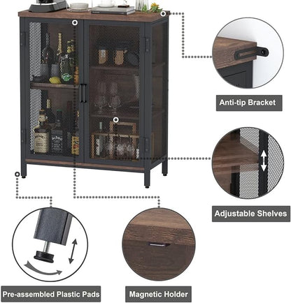 Coffee Bar Cabinet, Small Liquor Cabinet Station, Rustic Oak | Industrail Storage Cabinet, Adjustable Shelves, Farmhouse Sideboard Buffet for Home Kitchen, Dining, Entryway, Living Room