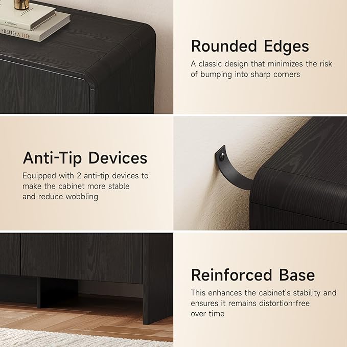 60" Sideboard Buffet Cabinet, Large Curved Design Storage Cabinet with 4 Doors & 2 Adjustable Shelves, Sturdy Build, Easy Assembly, Bar Console Fit for Dining Room/Living Room/Kitchen, Black