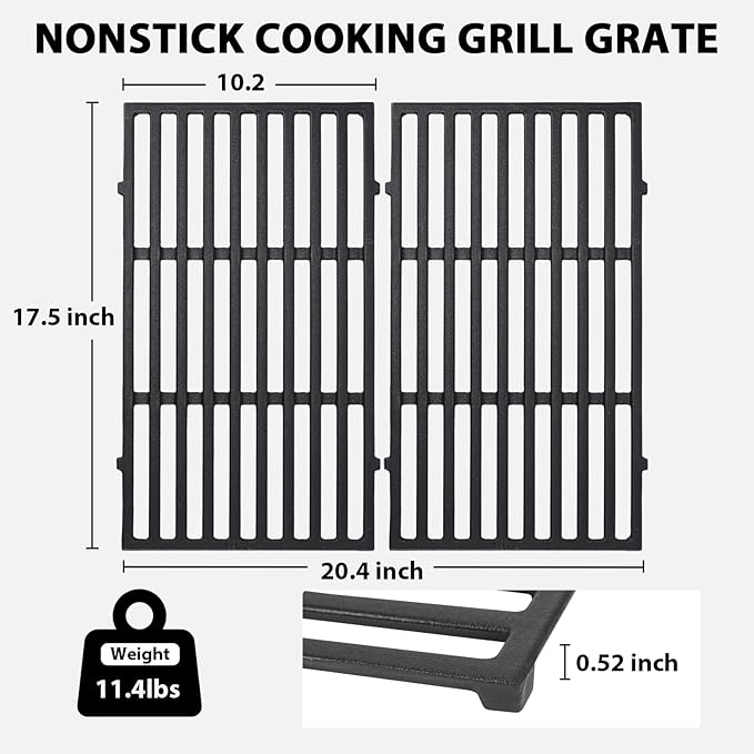 Utheer 7637 Cast Iron Grill Grates Replacement Parts Compatible with Weber Spirit 200 and Spirit II 200 Series E210 E215 E220 S210 S215 S220, 17.5 x 10.2 Inch Cooking Grates, 2 Pack