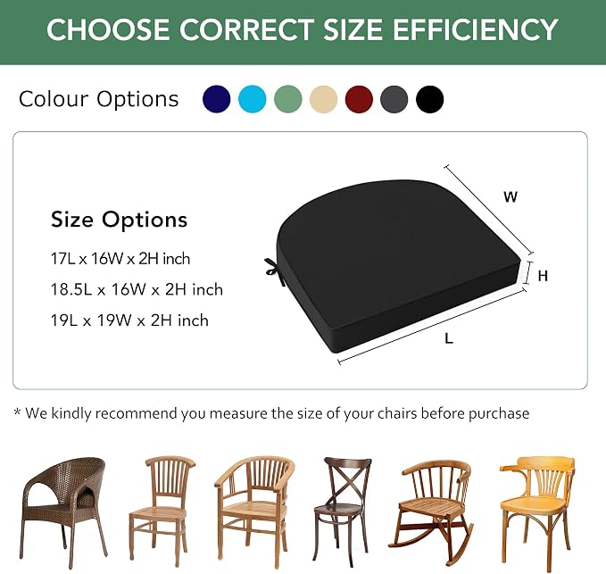 Outdoor Chair Cushions Set of 2: Waterproof & Fade Resistant Patio Furniture Cushions - 18.5 x 16 x 2 Inch Non Slip Round Corner Seat Cushion Pads with Removable Cover for Garden Yard Lawn, Black