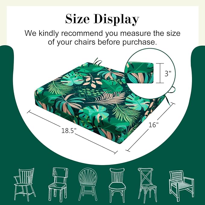 Cozyide Outdoor Chair Cushions, Waterproof Patio Seat Cushions with Adjustable Straps, Square Corner Patio Chair Cushions for Garden, Green Leaf, 18.5x16x3 Inch (Pack of 4)