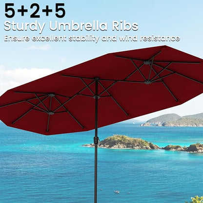 Tangkula 13 FT Large Patio Umbrella, Outdoor Double-Sided Table Market Umbrella w/Crank Handle, 12 Heavy-Duty Ribs, Sun-Protective Rectangular Twin Parasol for Garden Deck Lawn Poolside (Burgundy)