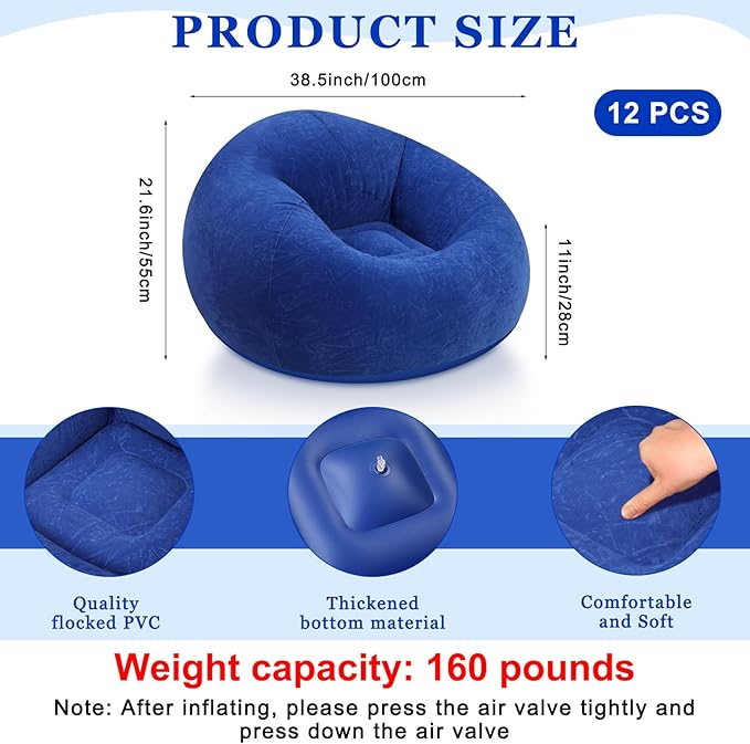 Realspring 6 9 12 Pcs Inflatable Bean Bag Chairs for Adults with Electric Air Pump, Blow up Couch Folding Portable Inflatable Couch Lazy Sofa for Outdoor Movie Night Camping(Dark Blue,12 Pcs)