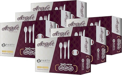PARTY BARGAINS Argyle White Plastic Cutlery Set 2160-Piece – 1080 Forks, 720 Spoons, 360 Knives – Heavy-Duty Disposable Utensils for Parties, Weddings, Buffets, BBQs & Catering – BPA Free