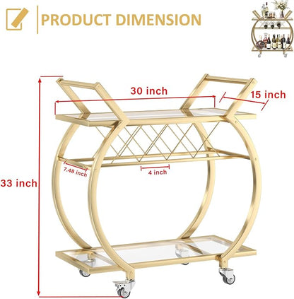 LVB Gold Bar Cart with Glass, Bar Cart with Wheels, Wine Cart with Storage | 2 Tier Glass Shelves Home Bar Serving Cart with Wine Rack, Liquor Cart for Kitchen, Bar, Dinning Room