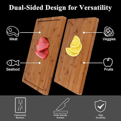 Bamboo Cutting Board, 1" Thick Heavy Duty Wood Chopping Board for Kitchen, Built-in Deep Juice Groove and Handles, Reversible Charcuterie Board for Meat BBQ, Gift for Housewarming, 17x12''
