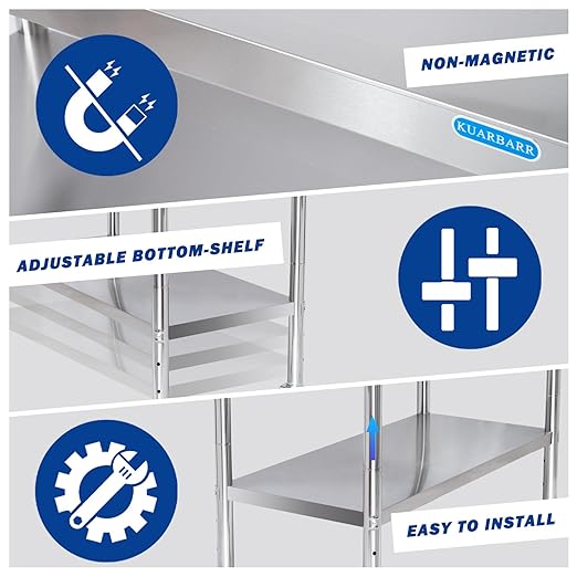 KUARBARR Stainless Steel Table for Prep & Work with Backsplash 24 x 30 Inches NSF Metal Commercial Kitchen Adjustable Under Shelf Worktable for Restaurant Home Outdoor