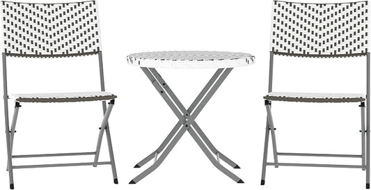 Flash Furniture Rouen Commercial Grade Folding Bistro Set, Indoor/Outdoor PE Rattan Table Top, Back and Seat, Charcoal Steel Frames, 3 Piece Set, Gray/White