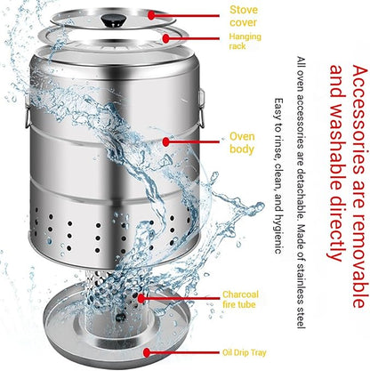 Smokeless Barbecue Hanging Grill, Stainless Steel Charcoal BBQ Stove Charcoal Braised Grill Barrel, Portable 360° All Round Roasting Oven for Outdoor Indoor