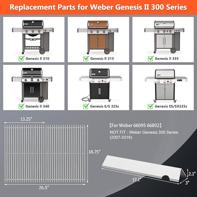 QuliMetal SUS304 18.75" Grill Grates with 66032 Flavorizer Bars for Weber Genesis II 300 /LX 300, GS4 Genesis II E-310 E-315 S-335 Series Grill, 66795 66095 Parts for Weber Genesis II Grill Parts