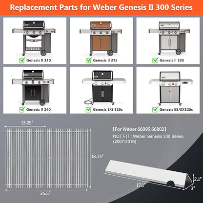 QuliMetal SUS304 18.75" Grill Grates with 66032 Flavorizer Bars for Weber Genesis II 300 /LX 300, GS4 Genesis II E-310 E-315 S-335 Series Grill, 66795 66095 Parts for Weber Genesis II Grill Parts