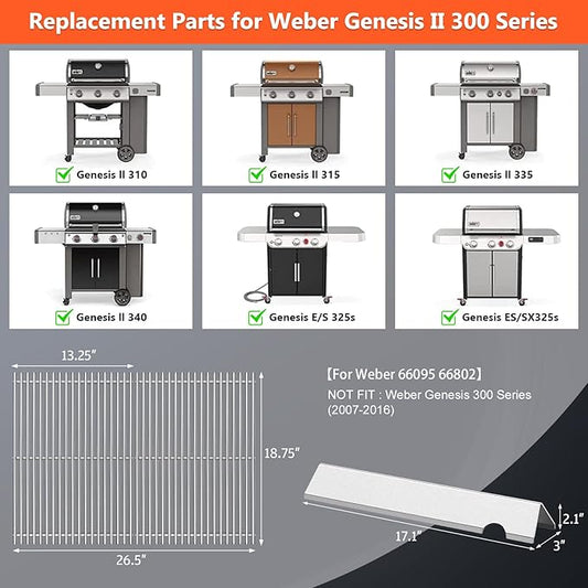 QuliMetal SUS304 18.75" Grill Grates with 66032 Flavorizer Bars for Weber Genesis II 300 /LX 300, GS4 Genesis II E-310 E-315 S-335 Series Grill, 66795 66095 Parts for Weber Genesis II Grill Parts