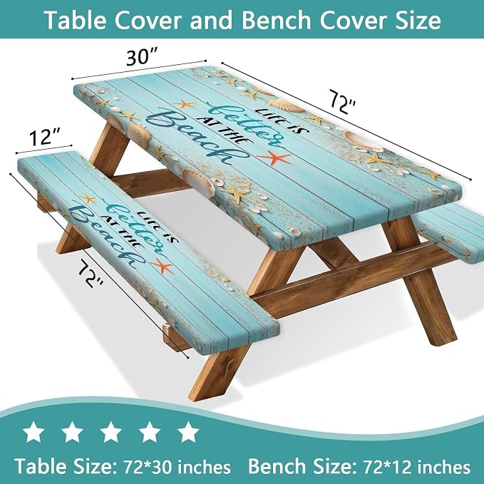 JAWO Park Picnic Table Cover with Bench Covers Lightweight Camping Essentials, Oil-Proof Waterproof 3PCS Tablecloth with Elastic, Fitted for Table Rectangle and Seats, Board Beach 30X96inch