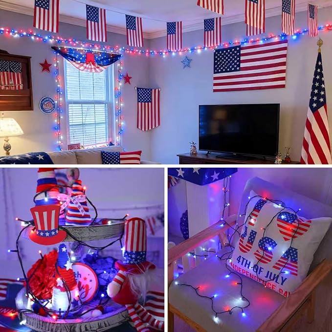 QITONG 4th of July String Lights Outdoor Waterproof, 66ft 200 LED Red White and Blue Patriotic Lights with Plug in, Green Wire Twinkle Tree Lights with 8 Modes