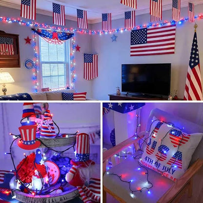 QITONG 4th of July String Lights Outdoor Waterproof, 66ft 200 LED Red White and Blue Patriotic Lights with Plug in, Green Wire Twinkle Tree Lights with 8 Modes